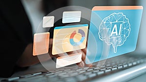Futuristic concept of artificial intelligence data analysis on a digital interface with graphs and brain icon