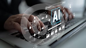 Futuristic Concept of Artificial Intelligence and Data Analysis with Hands Typing on Keyboard and Technology Interface