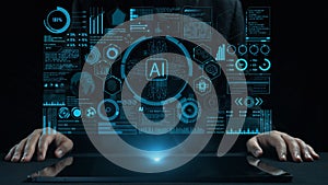 Futuristic Concept of Artificial Intelligence with Data Visualization and Analytics Displayed on a Transparent Screen in