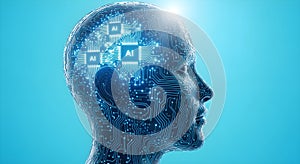 Artificial Intelligence Concept: Humanoid Head with Glowing Circuit Board Brain