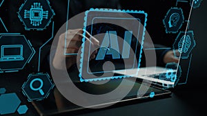 Futuristic Concept of Artificial Intelligence with Digital Icons and Human Interaction, Emphasizing Technology in Modern