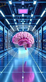 Futuristic concept of artificial intelligence with a pink brain in a high-tech data center server room