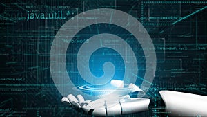 Futuristic Concept of Artificial Intelligence and Robot Hand Interacting with Digital Interface Displaying Code and