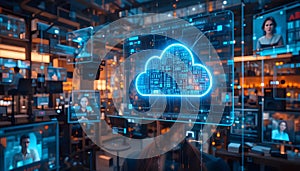 Futuristic Concept of Cloud Computing with Data Security and Digital Integration in Modern Workspace Environment