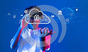 Futuristic Concept of Cloud Computing with a Person Interacting with Virtual Cloud Icons and Technology Symbols in a