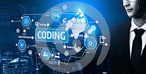 Futuristic Concept of Coding and Programming with Interface Elements and AI Technology in a Tech-Driven Modern
