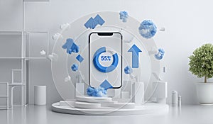 Smartphone in futuristic setup with floating cloud and graph elements