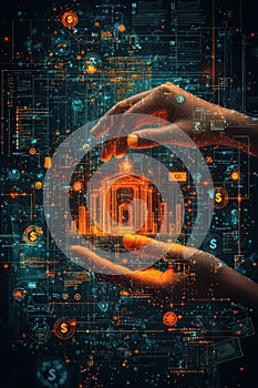 Futuristic concept of a hand interacting with digital technology interface