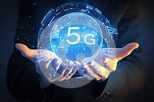 Futuristic concept Hands cradle 5G and internet network symbols