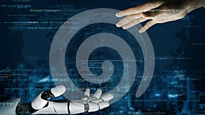 Futuristic Concept of Human-Robot Interaction with Data Visualization and AI Elements in a High-Tech Environment xenic