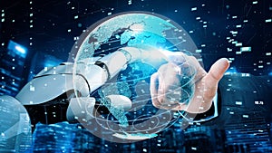 Futuristic Concept of Human and Robot Interaction Pointing at a Digital Globe with Data Visualization in a High-Tech