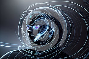 Futuristic concept of interaction between artificial intelligence and human being, machine learning, new technologies