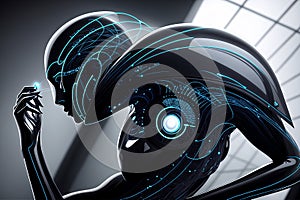 Futuristic concept of interaction between artificial intelligence and human being, machine learning, new technologies