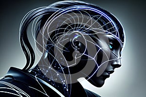 Futuristic concept of interaction between artificial intelligence and human being, machine learning, new technologies