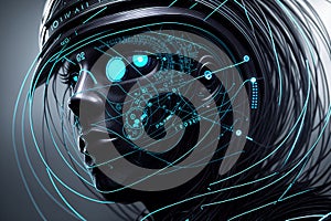 Futuristic concept of interaction between artificial intelligence and human being, machine learning, new technologies