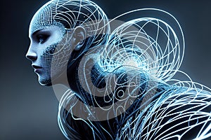 Futuristic concept of interaction between artificial intelligence and human being, machine learning, new technologies