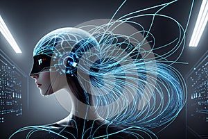 Futuristic concept of interaction between artificial intelligence and human being, machine learning, new technologies