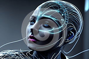 Futuristic concept of interaction between artificial intelligence and human being, machine learning, new technologies