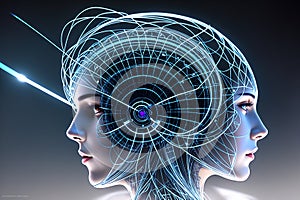 Futuristic concept of interaction between artificial intelligence and human being, machine learning, new technologies