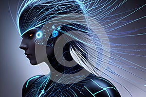 Futuristic concept of interaction between artificial intelligence and human being, machine learning, new technologies