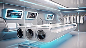 A futuristic concept of the laundry room, fully automated with washer-dryers and sorting systems