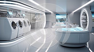 A futuristic concept of the laundry room, fully automated with washer-dryers and sorting systems