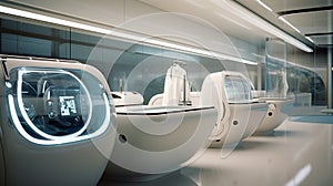 A futuristic concept of the laundry room, fully automated with washer-dryers and sorting systems