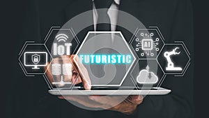 Futuristic concept, Person working on digital tablet with futuristic icon on virtual screen, IOT, cyber security, big data, Cloud