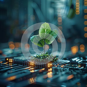 Futuristic concept plant grows from computer, symbolizing tech advancement