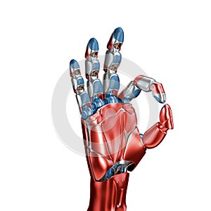 Futuristic Concept of a robotic mechanical arm matte chrome . Red-blue color. Template Isolated on white background.