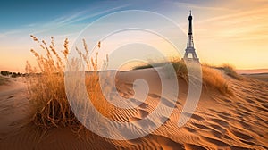 Futuristic concept of saving planet. Parisian Eiffel Tower in desert sands. AI generated.