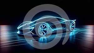 Futuristic concept of a sports car in wireframe design with neon blue lights.