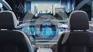 Futuristic Concept: Stylish Businessman Using Navigation App on an Augmented Reality Dashboard with