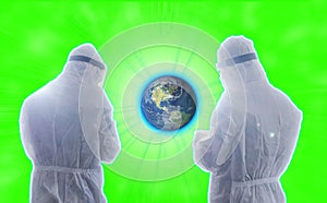 Futuristic concept of two testers dressed in PPE analyzing Earth data.