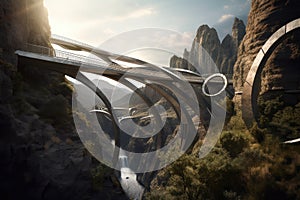 futuristic and conceptual bridge spanning a deep canyon