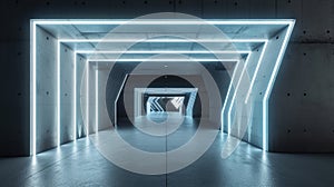 Futuristic concrete tunnel background, perspective of dark garage with lines of white led light, interior of modern hall or