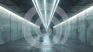 Futuristic concrete tunnel background, perspective view of underground hallway and lines of led neon light. Modern empty abstract