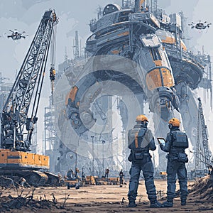 Futuristic Construction Site with Giant Mech