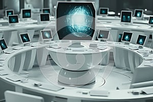Futuristic Control Center Circular Workstation with Multiple Computer Screens Displaying Abstract Data