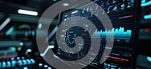 Futuristic control panel displaying advanced data analytics and visualizations, featuring graphs, metrics, and digital