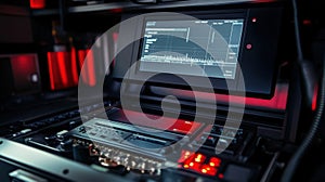 Futuristic control panel displaying complex data analysis in dark room