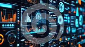 Futuristic control panel displaying complex data and information visualization
