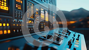 Futuristic control panel displaying data and complex circuits at dawn