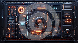 Futuristic control panel with glowing buttons and screens