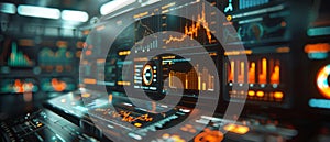 Futuristic control panel with glowing screens displaying graphs, data analytics, and interface elements. The panel has a