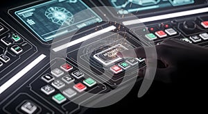 Futuristic control panel with hand activating a glowing button, sci-fi interface, close-up view