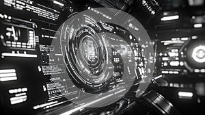 Futuristic control panel interface with digital technology display