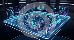 Futuristic control panel with neon lights and data visualization