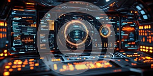 Futuristic control panel showing complex data visualization with glowing interfaces in a sci-fi environment