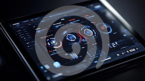 Futuristic control panel showing real time data analysis on tablet